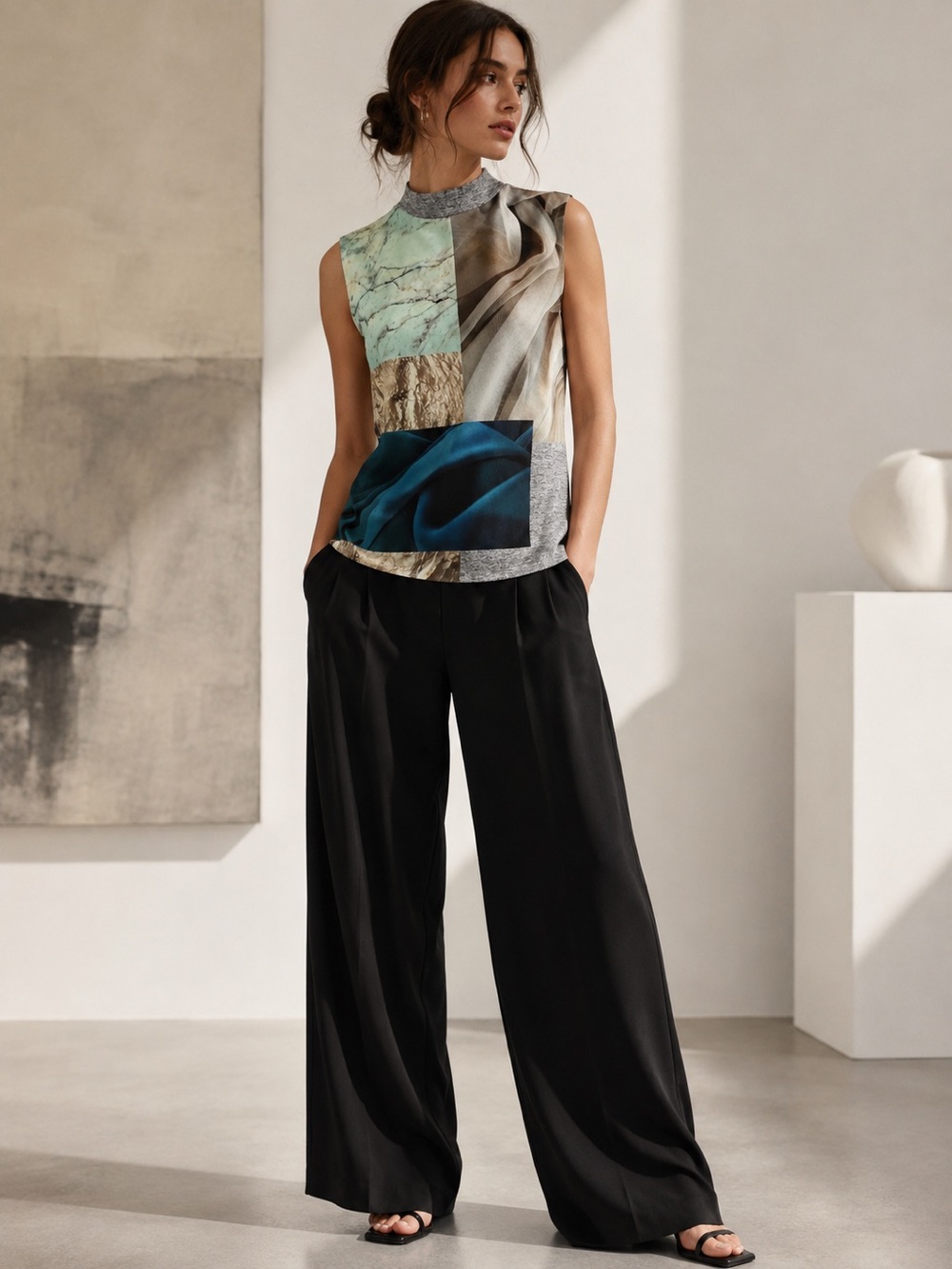 Zara W&B Collection Mixed Media Photo Print Mock Neck Top Size S Portugal